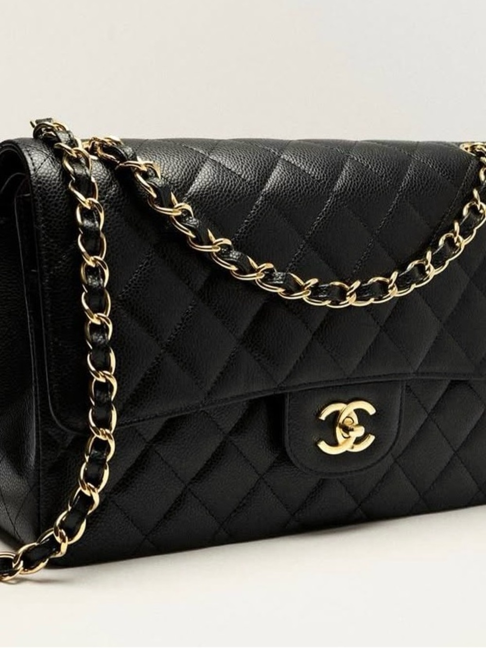 Black Quilted Leather Shoulder Bag with Gold Chain